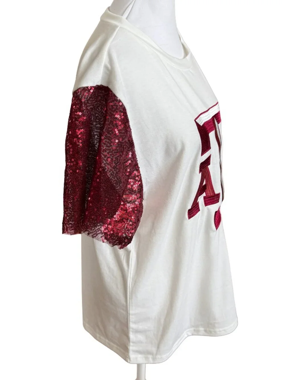 Texas A&M Women's Large White T-Shirt with Red Mesh Sequin Short Sleeves - Picture 4 of 6